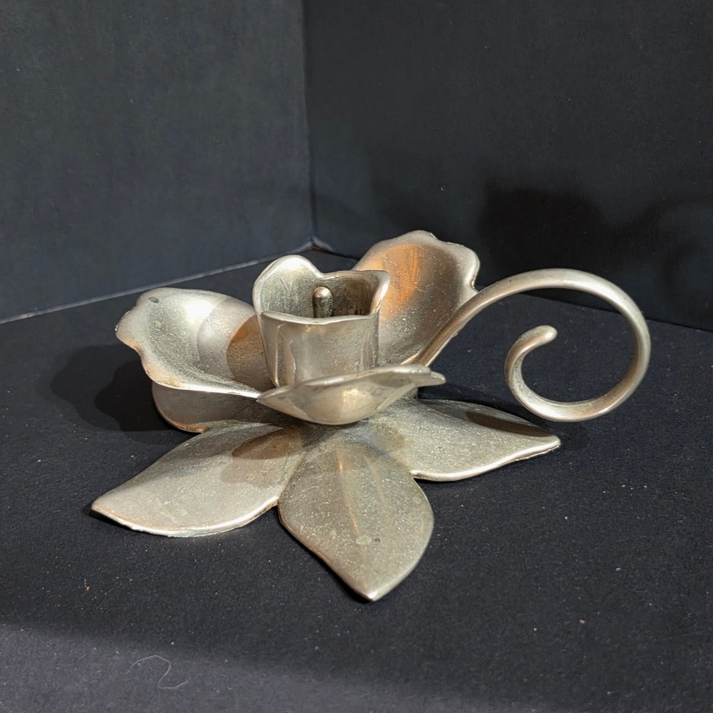 Vintage Silver Plated Lotus Flower Chamberstick Candle Holder with Loop Handle